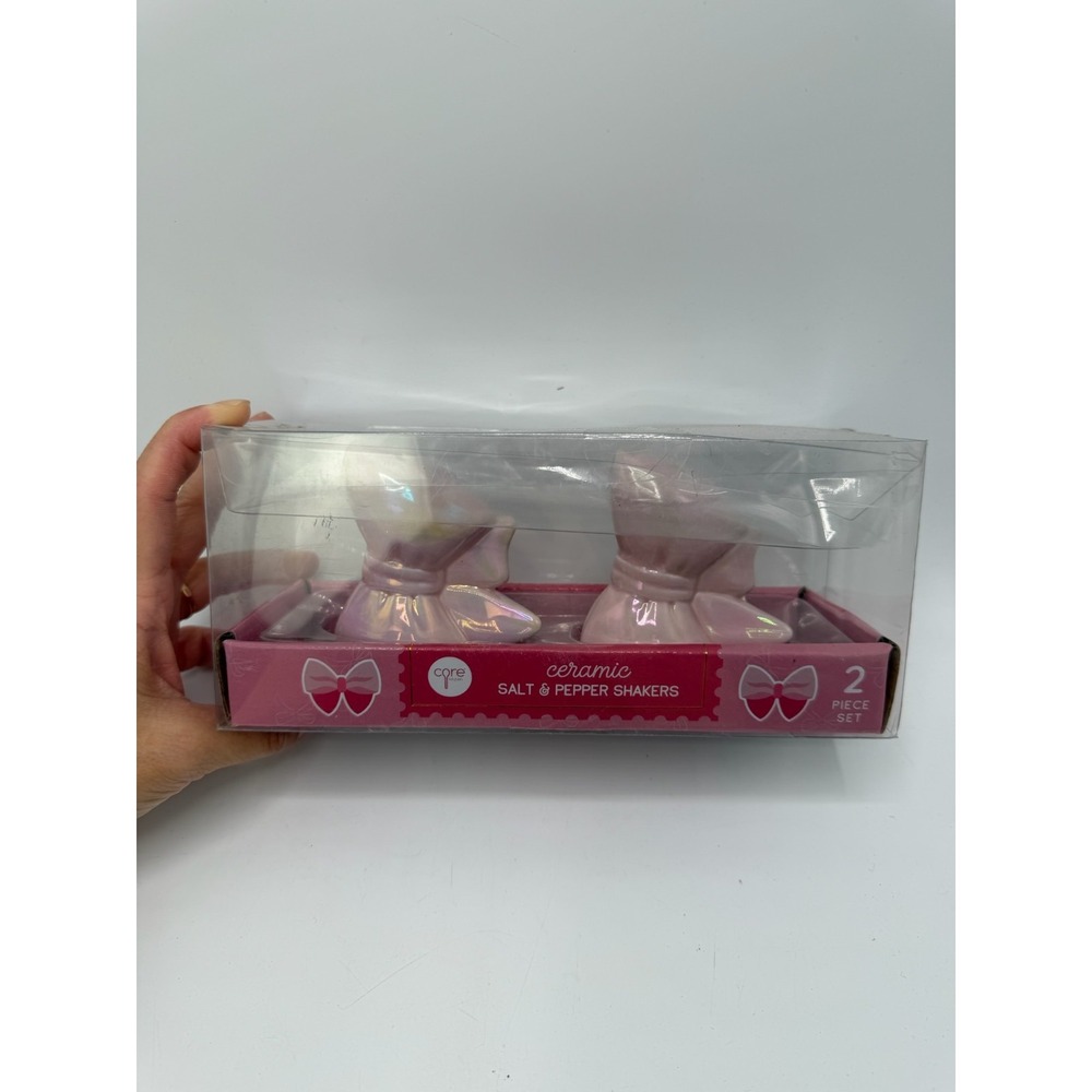 Core Kitchen Pink Iridescent Bows Ceramic Salt & Pepper Shakers 2 Piece Set NEW